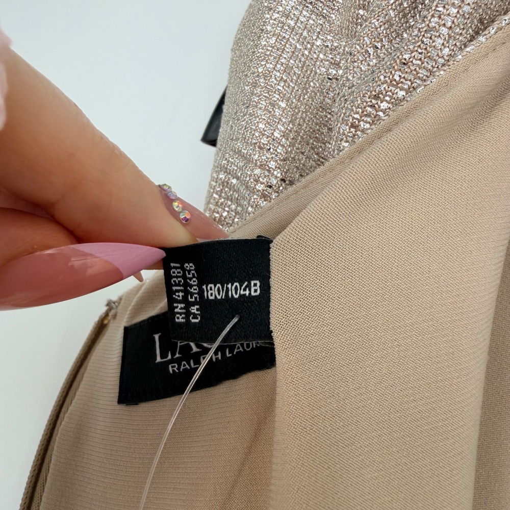 NWT Lauren Ralph Lauren Gown 12 Champagne Metallic Ruched Side Slit Dress - Picture 11 of 11